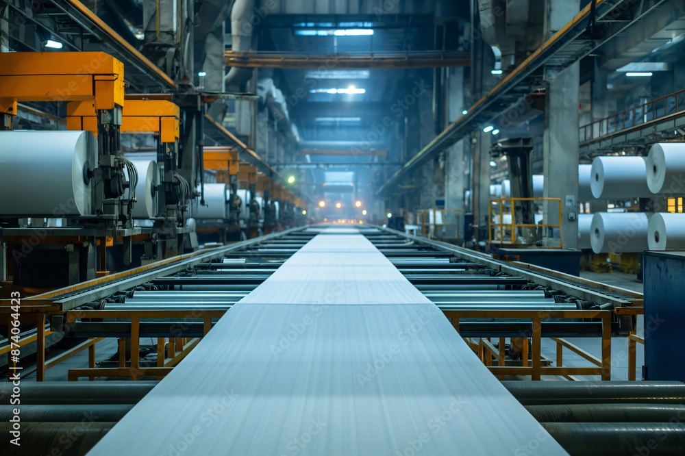 Poster paper production line operator walking and controlling quality of big rolls of paper in modern indus