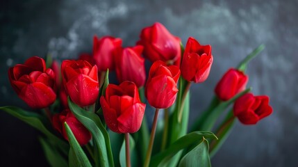 Fototapeta premium Bright Red Tulips Against Dark Background