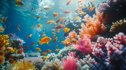 Taking a scuba dive in crystal clear tropical waters, exploring vibrant coral reefs and marine life, with colorful fish swimming around,