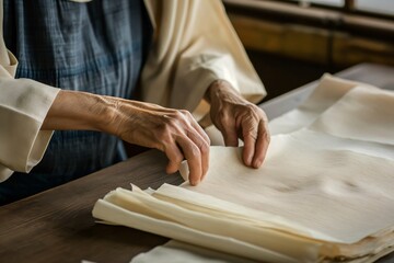 Close up of an artisan's hands carefully folding a sheet of traditional Japanese washi paper during the manufacturing process