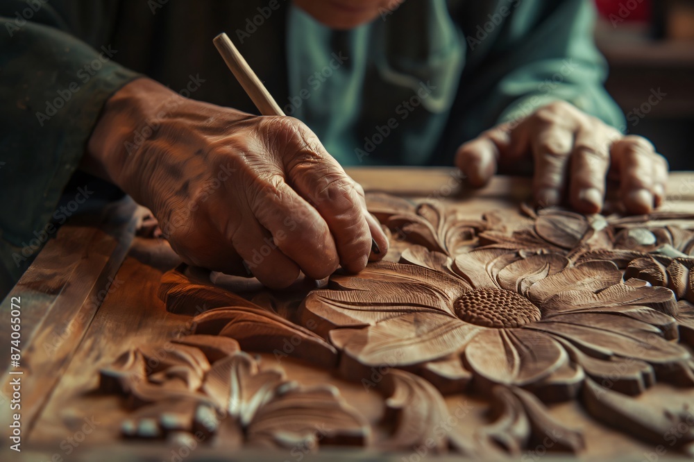 Poster carpenter is using a carving tool to add detail to a floral design he is carving into a wood panel