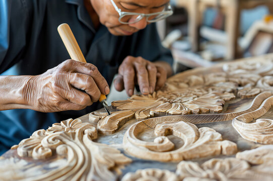Artisan is meticulously carving an elaborate floral design into a piece of wood, showcasing the artistry and precision of traditional woodworking techniques