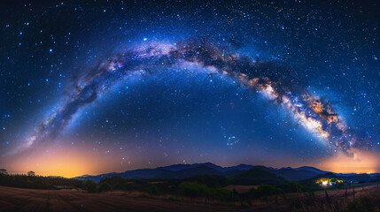 Panoramic view of a blue night sky featuring the Milky Way and stars against a dark background, capturing the universe filled with nebulae and galaxies. The photo uses long exposure