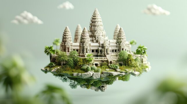 Intricate Plasticine Model of Angkor Wat in Green Landscape with Copy Space, Generative Ai
