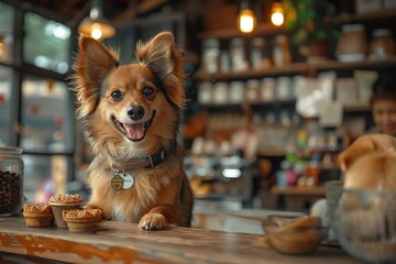 A cheerful and friendly dog stands on a counter in a cozy, warmly-lit coffee shop, surrounded by delicious pastries, showcasing a delightful ambiance and inviting atmosphere.