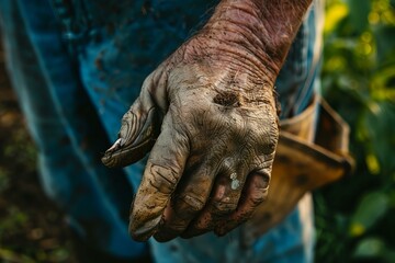 Closeup of a farmer's hand covered in earth, symbolizing hard work and agriculture