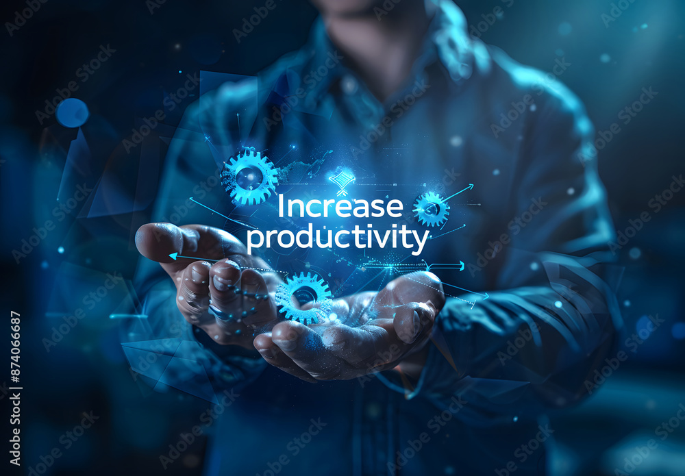 Aufkleber process to increase productivity concept. businessman holding virtual productivity icon for industri