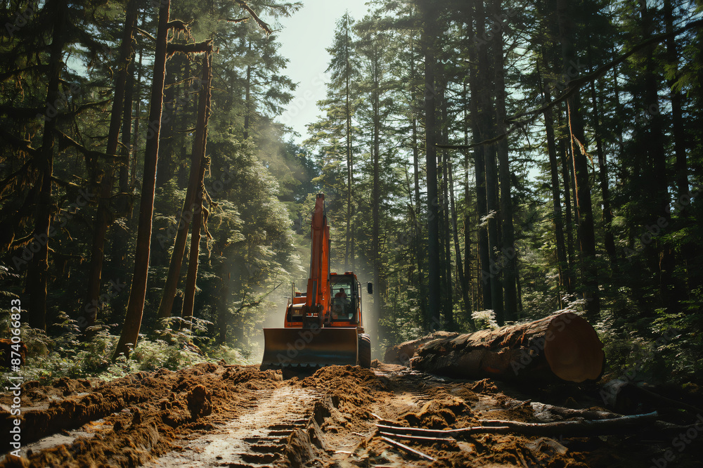 Poster excavator is clearing a path in a forest, creating a logging road and preparing to transport felled 