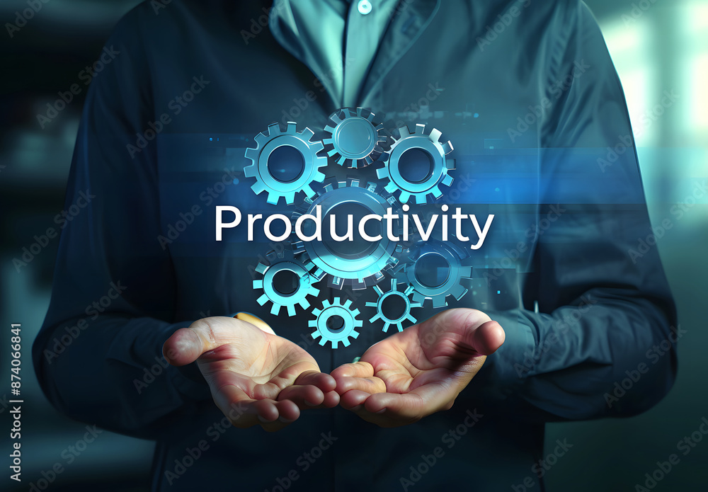 Aufkleber process to increase productivity concept. businessman holding virtual productivity icon for industri