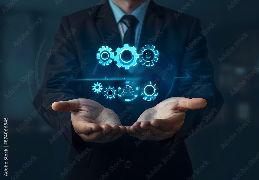 Aufkleber process to increase productivity concept. businessman holding virtual productivity icon for industri