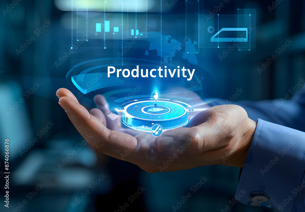 Aufkleber process to increase productivity concept. businessman holding virtual productivity icon for industri
