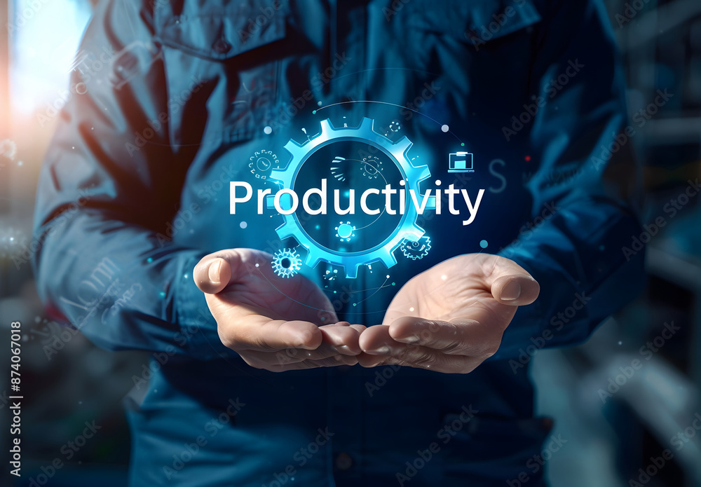 Aufkleber process to increase productivity concept. businessman holding virtual productivity icon for industri