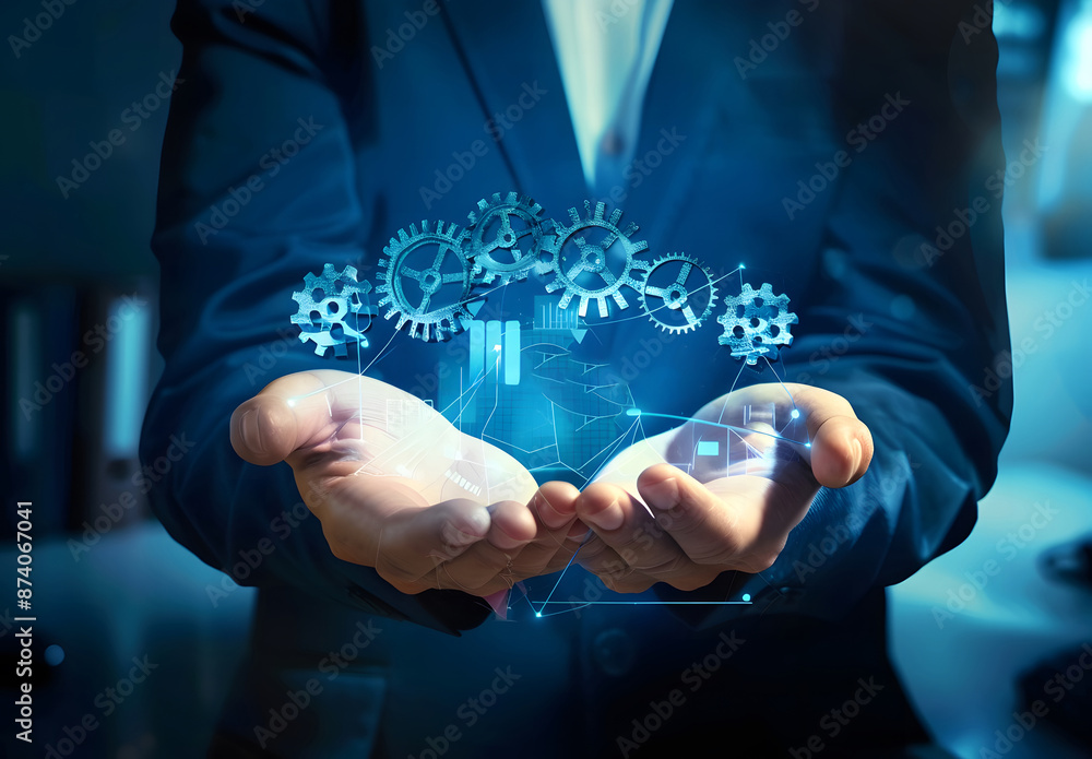 Aufkleber process to increase productivity concept. businessman holding virtual productivity icon for industri