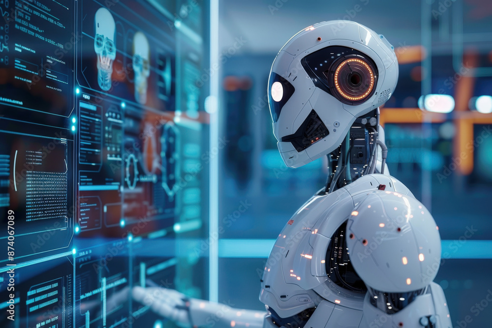 Poster medical robot is analyzing patient data displayed on a transparent digital screen in a futuristic la