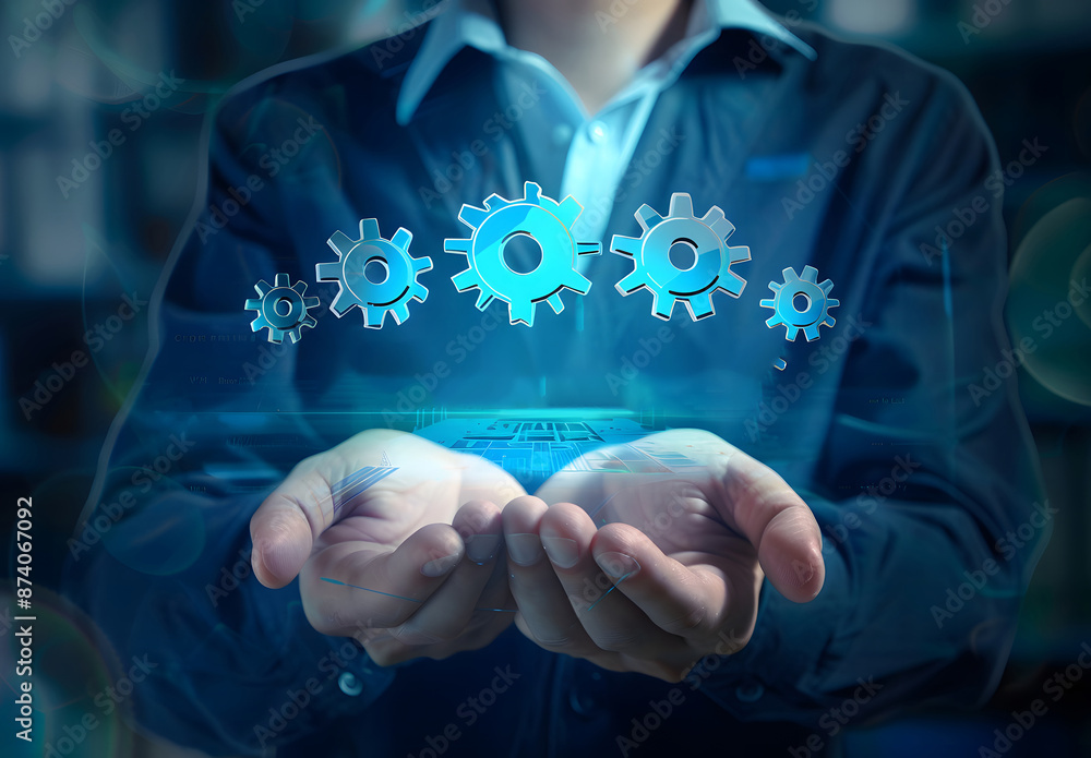 Aufkleber process to increase productivity concept. businessman holding virtual productivity icon for industri