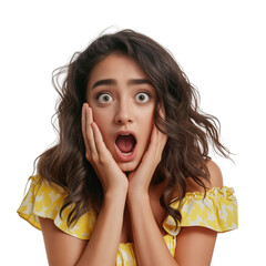 Surprised woman in yellow floral dress, isolated on transparent background.