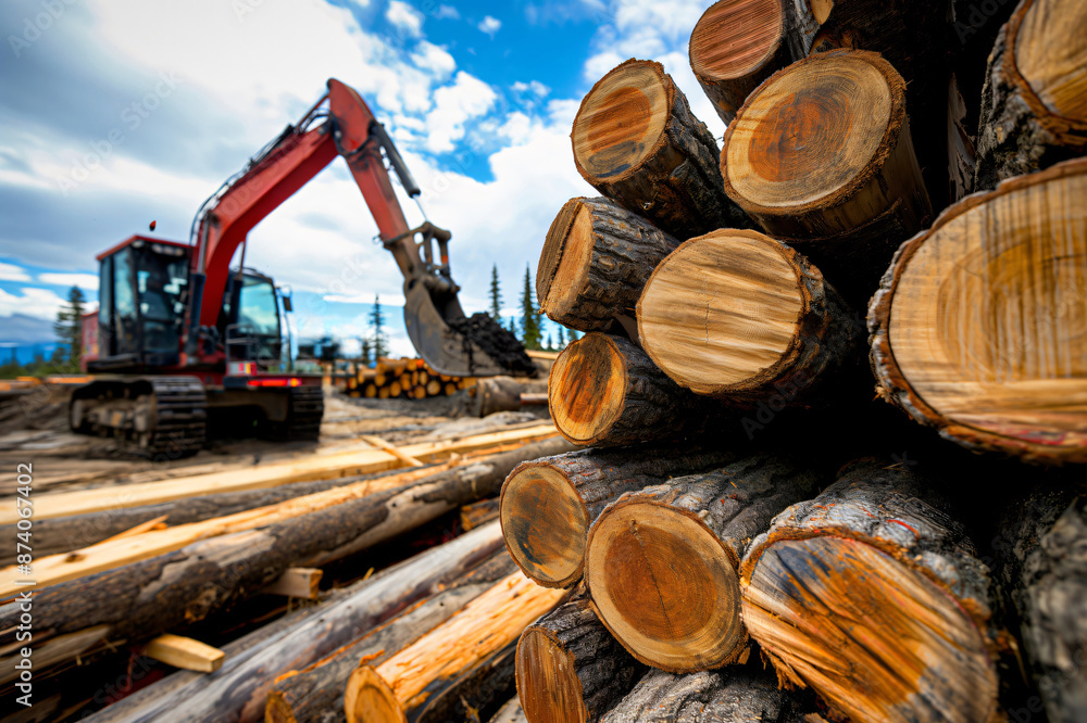Poster excavator loading logs in a timber yard with loggers working in the background under a blue sky