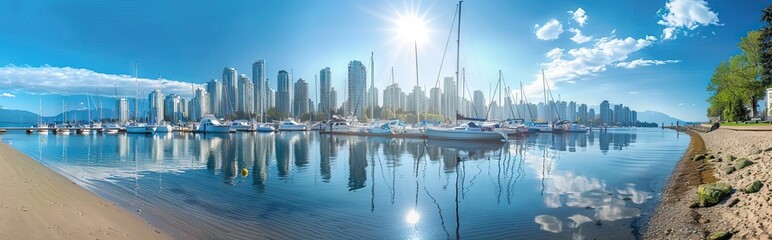 Obraz premium Sun spotlights the city from afar and serene ocean. AI generated illustration