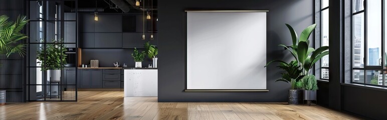 Obraz premium Dark gray office lobby with a concrete floor, loft windows and a glass wall. There is a large vertical poster and a meeting room. 3d rendering mock up. AI generated illustration