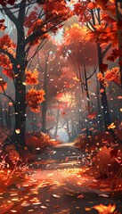 A magical autumn forest path with vibrant red leaves falling around a sunlit pathway.