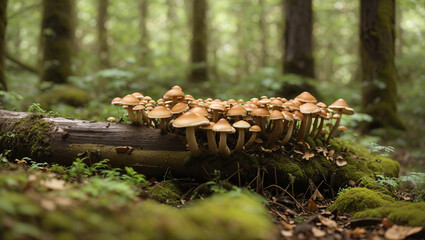 Fototapeta premium A large group of brown mushrooms growing on a fallen log in a forest. The mushrooms are in a cluster, with some of them taller than others. The forest floor is covered in moss and green foliage.