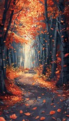 Fototapeta premium A magical forest path bathed in the golden light of autumn. Vibrant red and orange leaves fall around a winding path.
