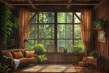 Cozy wooden cabin interior with a large window overlooking a lush green forest, sunlight streaming through the window and illuminating the room