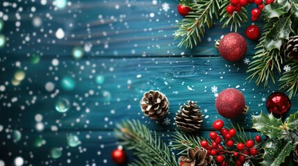 Festive holiday background with pine branches, red ornaments, and snowflakes on a wooden surface perfect for seasonal celebrations.