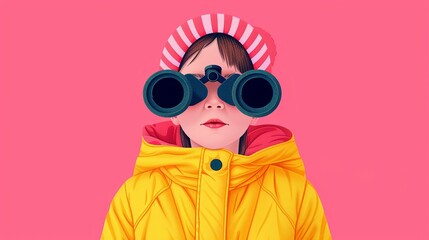 Fototapeta premium Illustrate optimism with a child looking through binoculars towards a bright future, with a smile full of hope. Illustration, Image, , Minimalism,