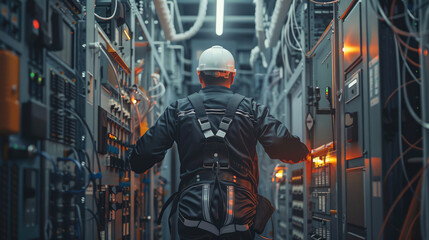 An electrician working on an electrical panel, seen from behind with the full cabinet open and various wires connected to lamps and transacted lights