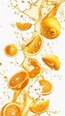 Fresh, juicy oranges and lemon slices splashing into a refreshing wave of citrus juice on a white background. Perfect for promoting healthy drinks, vitamins, and a refreshing summer vibe.