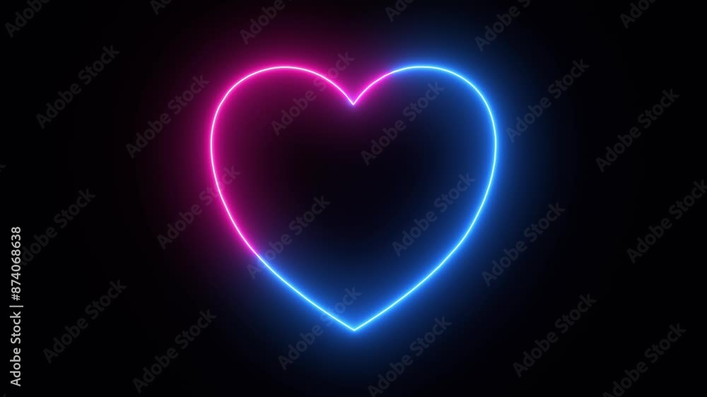 Poster animation of a neon glowing heart icon on a dark background. border and frame with neon heart effect