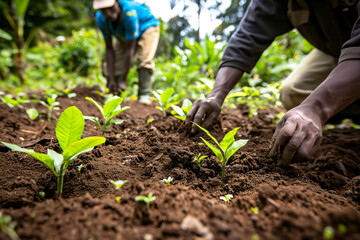 Two farmers working on a sustainable reforestation project are planting young trees in fertile soil