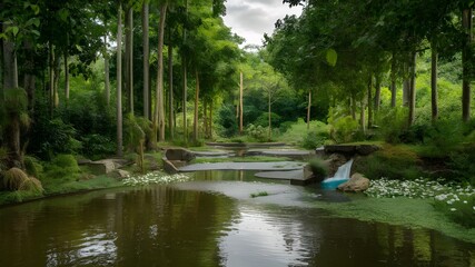 river deep in forest in summer green weather with sandstone cliffs