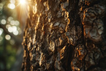 Obraz premium Sunlight shines on textured tree bark in a lush forest, highlighting intricate details and showcasing nature's beauty
