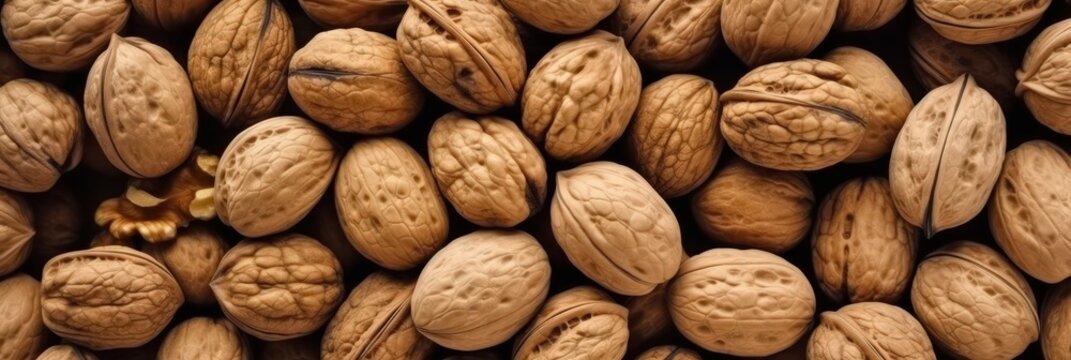 Scrumptious and nutritious walnuts in their shells displayed in a visually pleasing arrangement