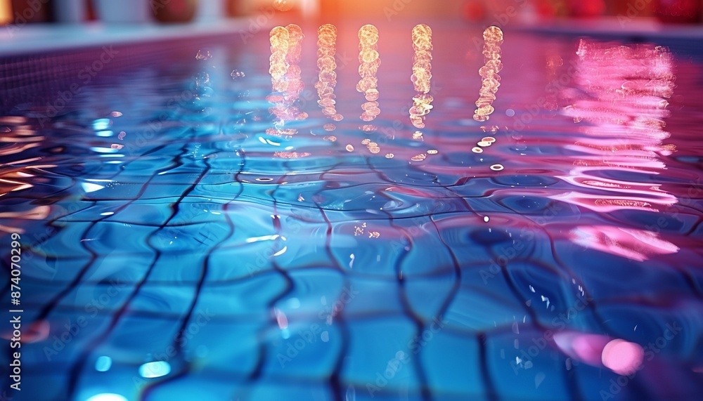 Wall mural a swimming pool with blue tiles and lights reflecting off of the water.