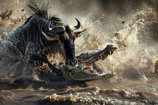 A dramatic confrontation between a wildebeest and a crocodile in a river. Wild nature scene full of action.