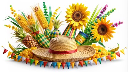 corn, sunflower, straw hat, and colorful ribbons on a white background illustration.