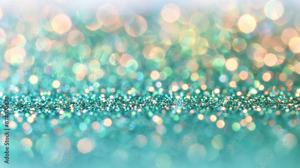 Poster teal glittery background with bokeh light effect for festive ornaments. abstract sparkling and vibra