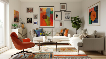 Chic living room with a creative gallery wall, contemporary furniture, and a bright, inviting ambiance.