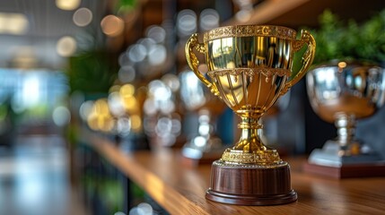 Shining Achievement: Gold Trophy Standing Out Among Silver Trophies on Office Shelf