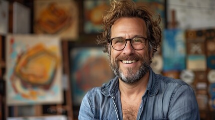 Fototapeta premium cheerful artist with glasses in art studio with colorful artwork in background