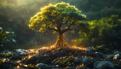 Obraz premium Chronicles of Digital Resilience, image of a towering tree with roots extending deep into a digital landscape, version-controlled project over time