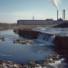 Polluted River with Floating Trash and Smoking Factory Nearby.