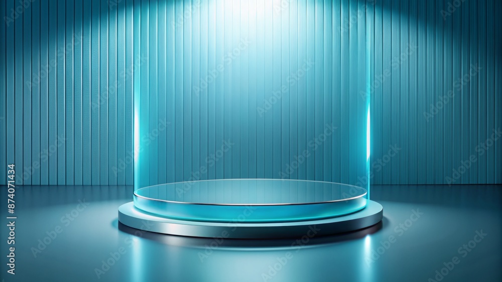 Poster modern empty podium with blue gradient effect on circular glass backdrop against minimal wall scene 