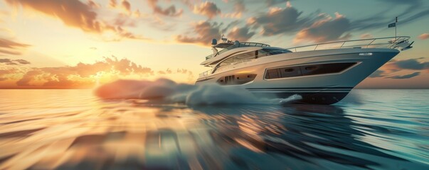 Obraz premium A boat is speeding through the water, leaving a trail of white foam behind it. Free copy space for text.