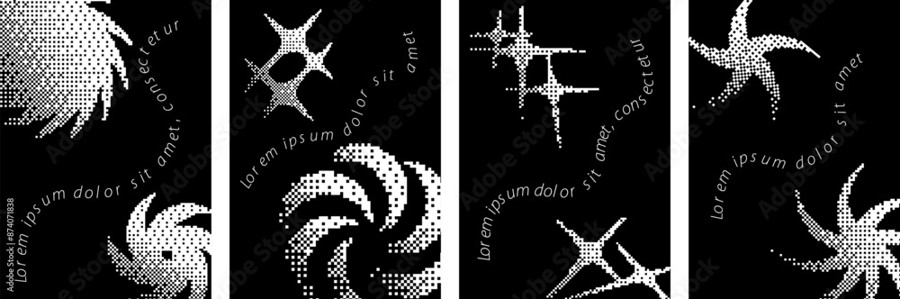 Poster Monochrome retro Y2K brutal posters with abstract vector bitmap effect that imitates pixels. Y2K modern graphic elements and geometric shapes. Vector EPS 10