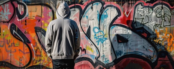 Man in hoodie standing in front of a graffiti-covered wall. Urban art scene full of colors. Free copy space for text.