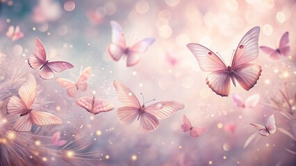 Delicate pastel pink watercolor butterflies gently flutter amidst soft feathery clouds and subtle gradient background with whimsical elegance.